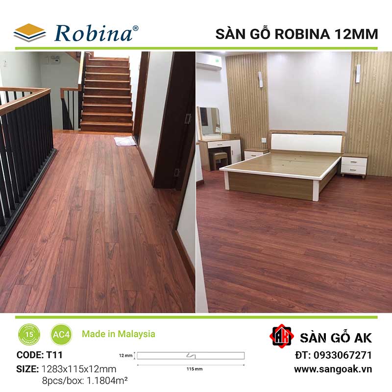 Sàn Gỗ Công Nghiệp Malaysia Robina 12mm T11 Bản Nhỏ